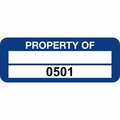 Lustre-Cal PROPERTY OF Label, Polyester Dark Blue 2in x 0.75in  1 Blank Pad & Serialized 0501-0600, 100PK 253744Pe2Bd0501